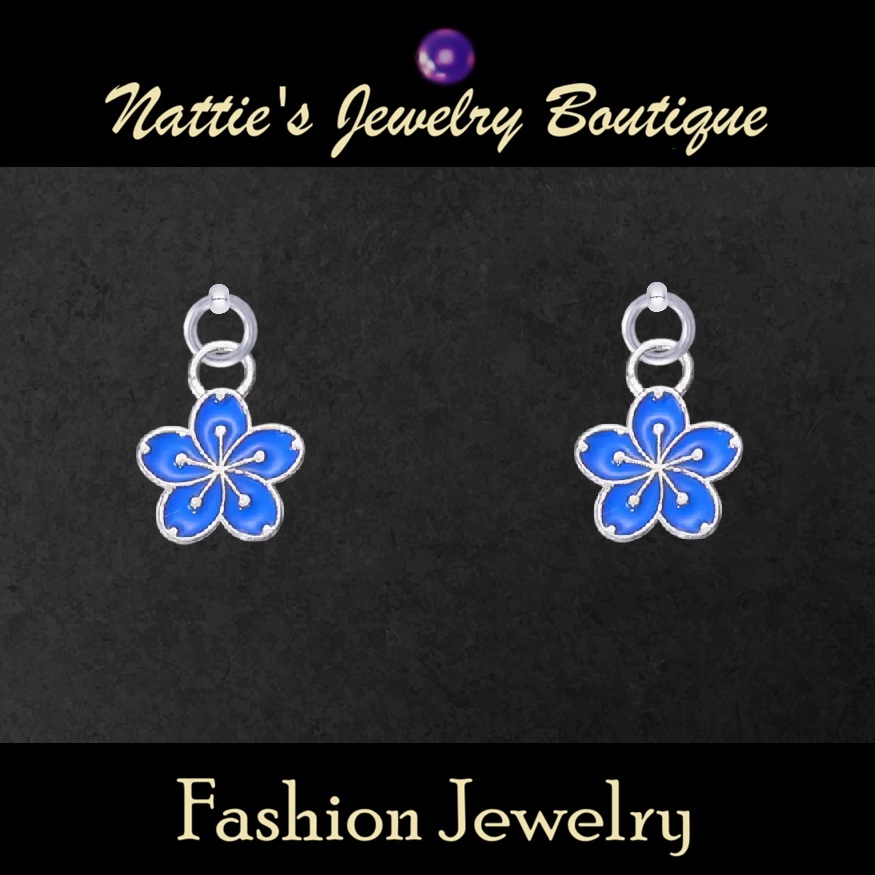 Royal Blue Sakura Flowers with Silver or Gold Trim Drop Earrings for 18 inch Dolls with 2MM Drilled Holes