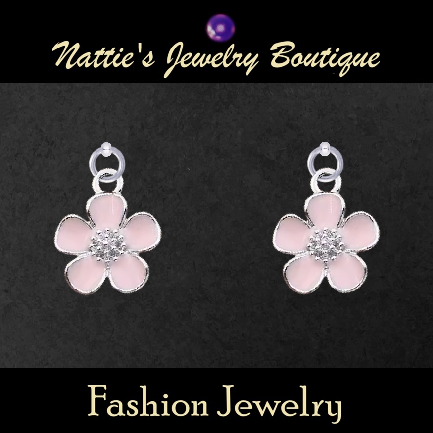 Light Pink Geranium Flowers with Silver Trim Drop Earrings