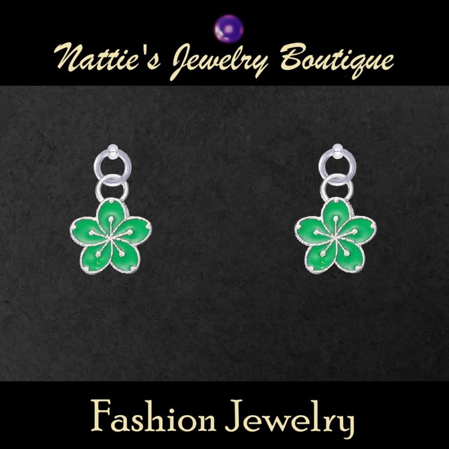 Green Sakura Flowers with Silver or Gold Trim Drop Earrings for 18 inch Dolls with 2MM Drilled Holes