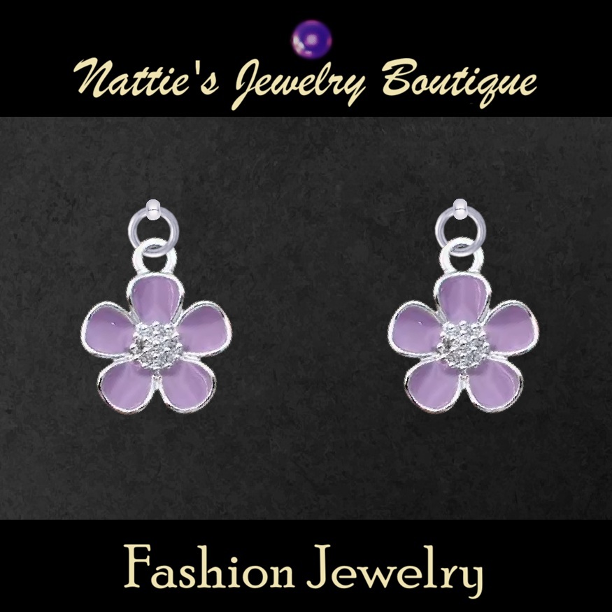 Purple Geranium Flowers with Silver Trim Drop Earrings