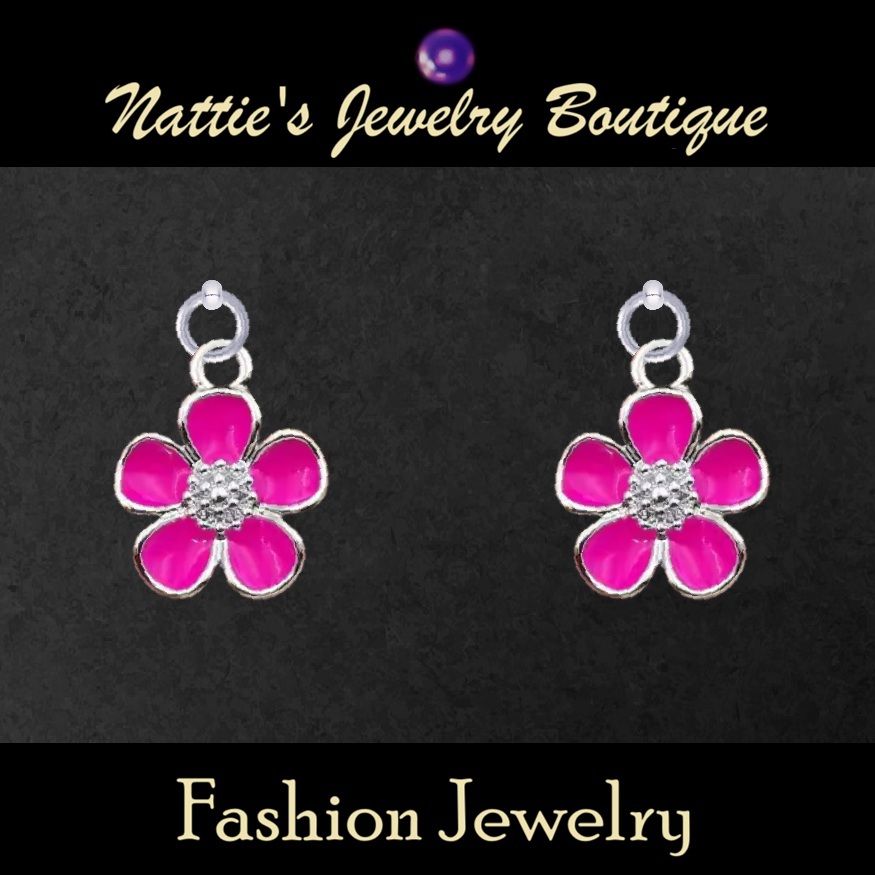 Bright Pink Geranium Flowers with Silver Trim Drop Earrings