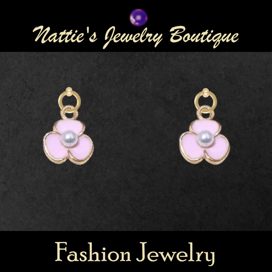 Pink Violet Flowers with Gold Trim Drop Earrings