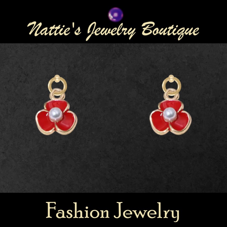 Red Violet Flowers with Gold Trim Drop Earrings