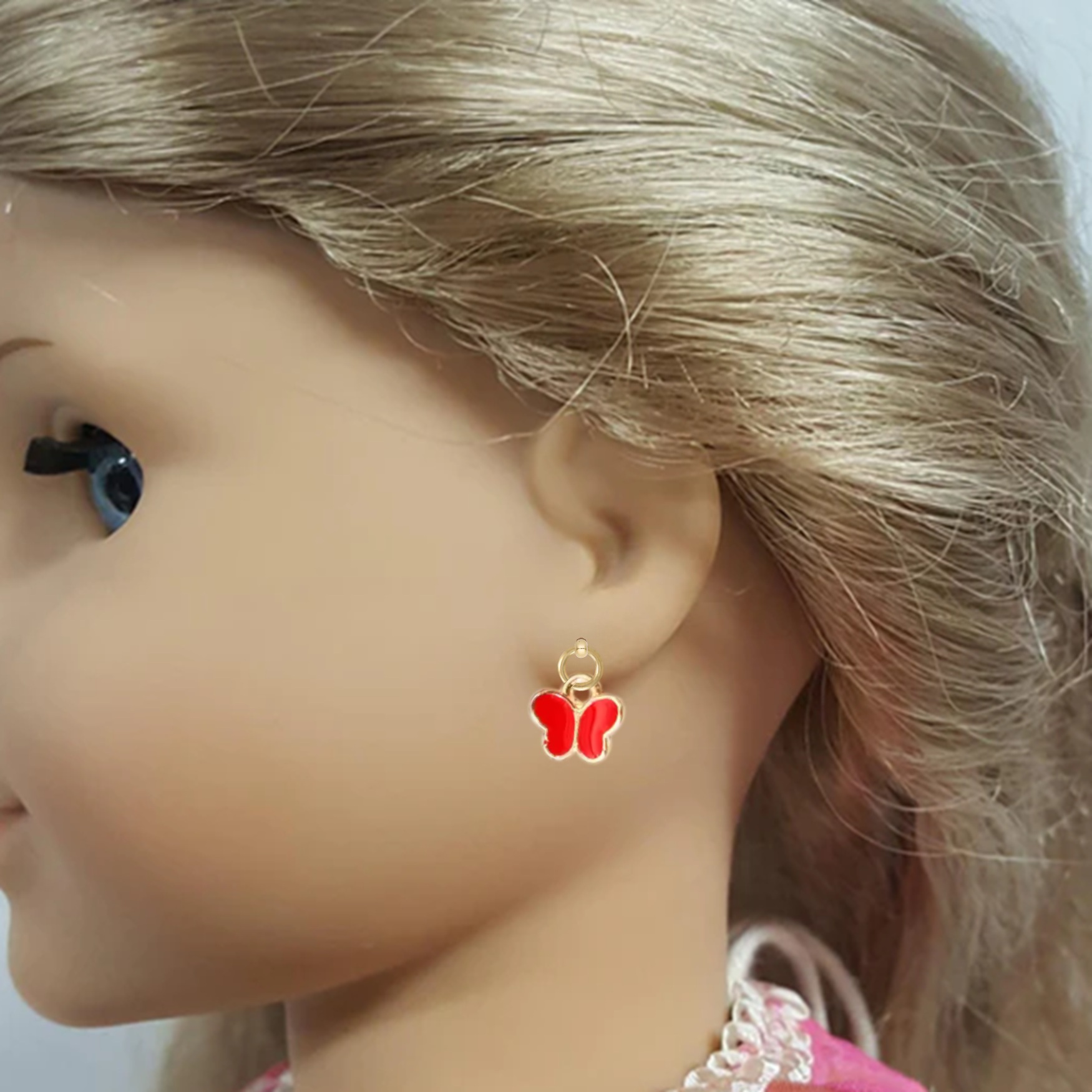 Red Butterfly with Gold Trim Drop Earrings for 18 inch Dolls with 2MM Drilled Holes