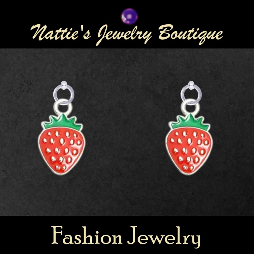 Red Strawberry with Silver Trim Drop Earrings for 18 inch Dolls with 2MM Drilled Holes