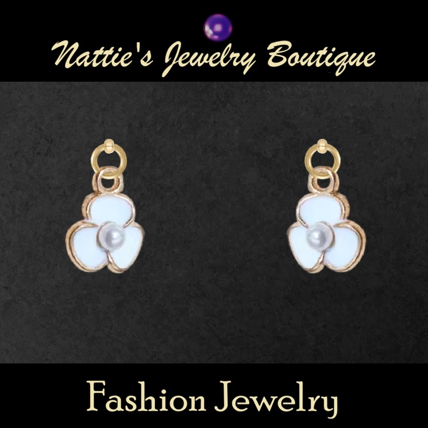White Violet Flowers with Gold Trim Drop Earrings