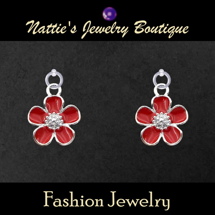 Red Geranium Flowers with Silver Trim Drop Earrings