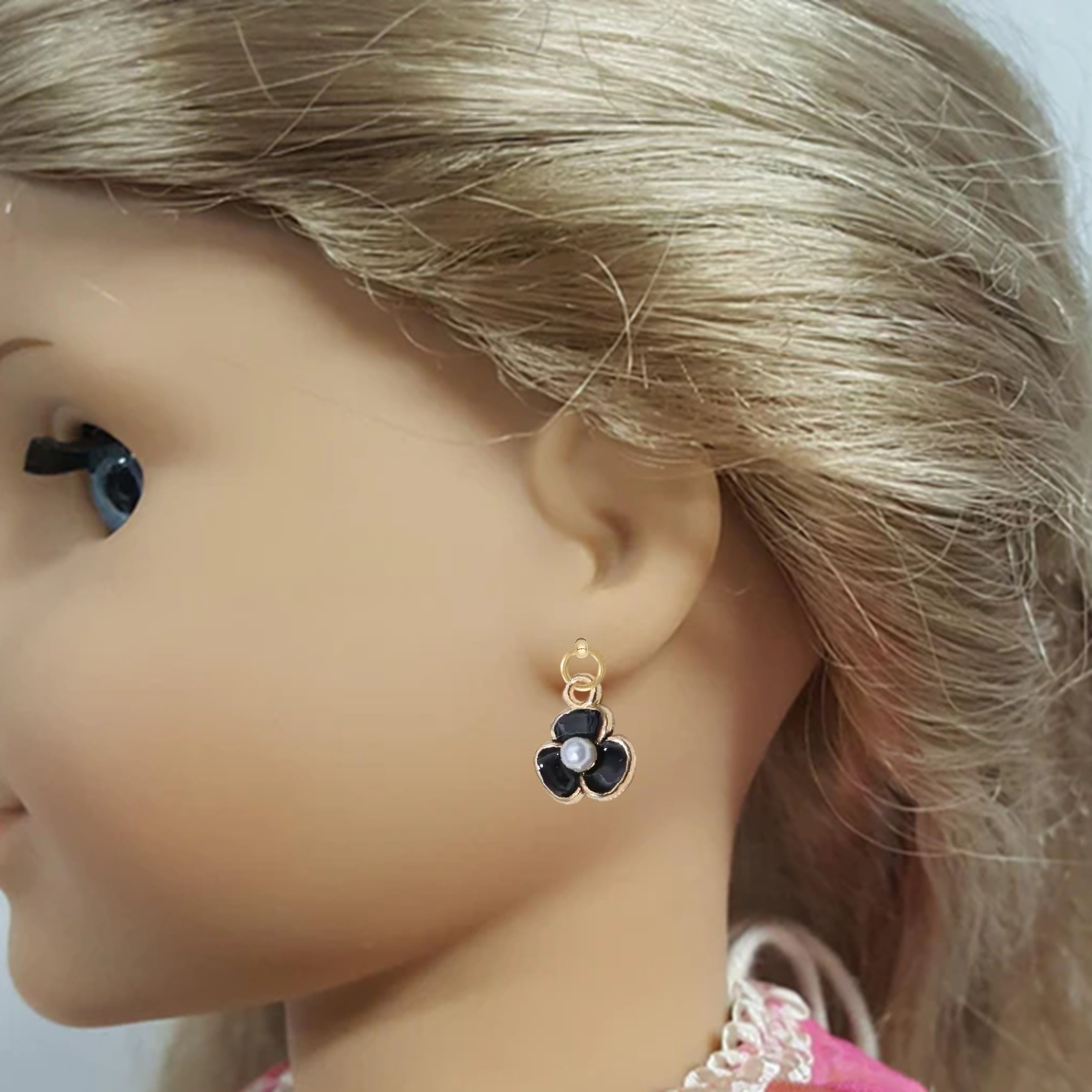 Black Violet Flowers with Gold Trim Drop Earrings