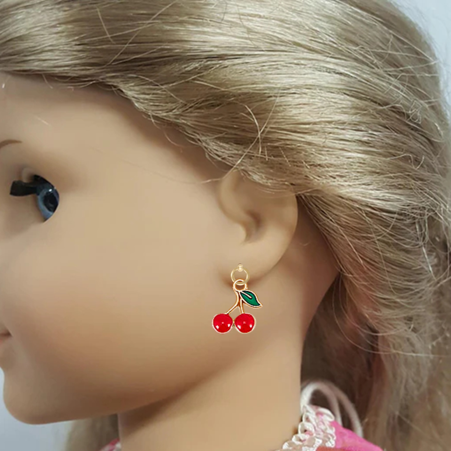 Red Cherries with Gold Trim Drop Earrings for 18 inch Dolls with 2MM Drilled Holes