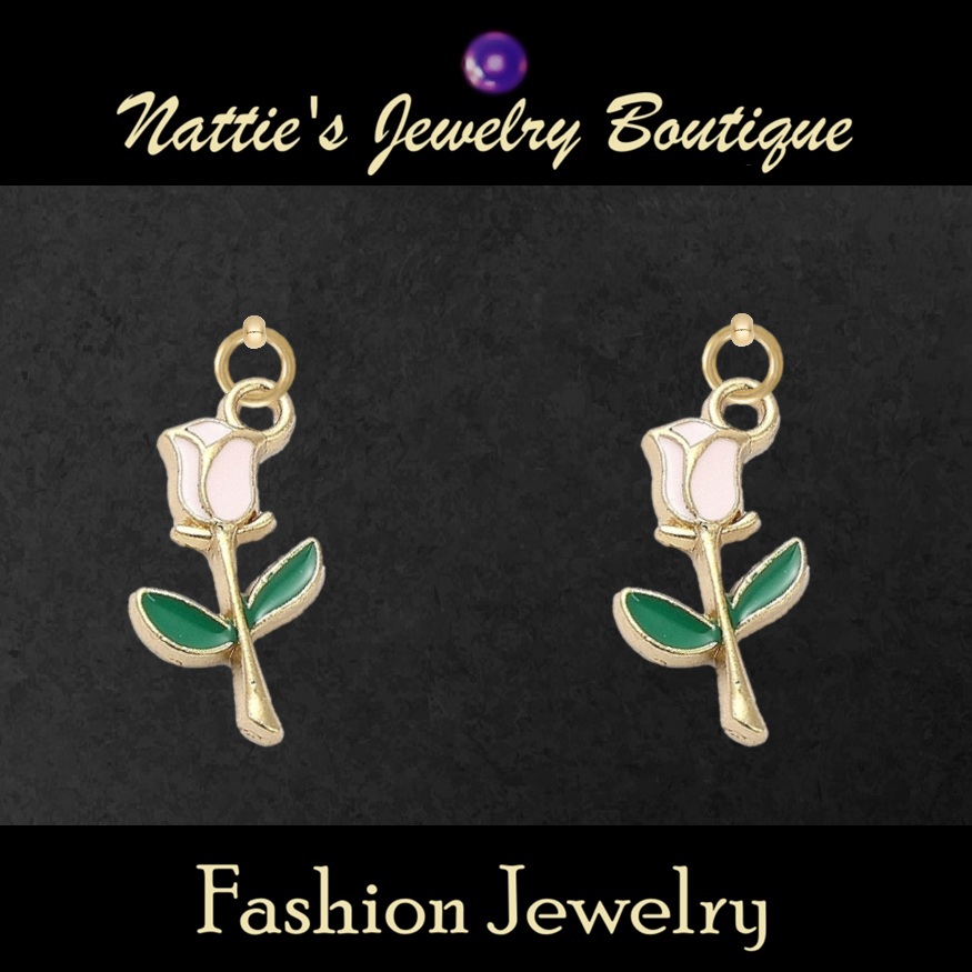 18" Doll Light Pink Roses with Gold Trim Flower Drop Earrings