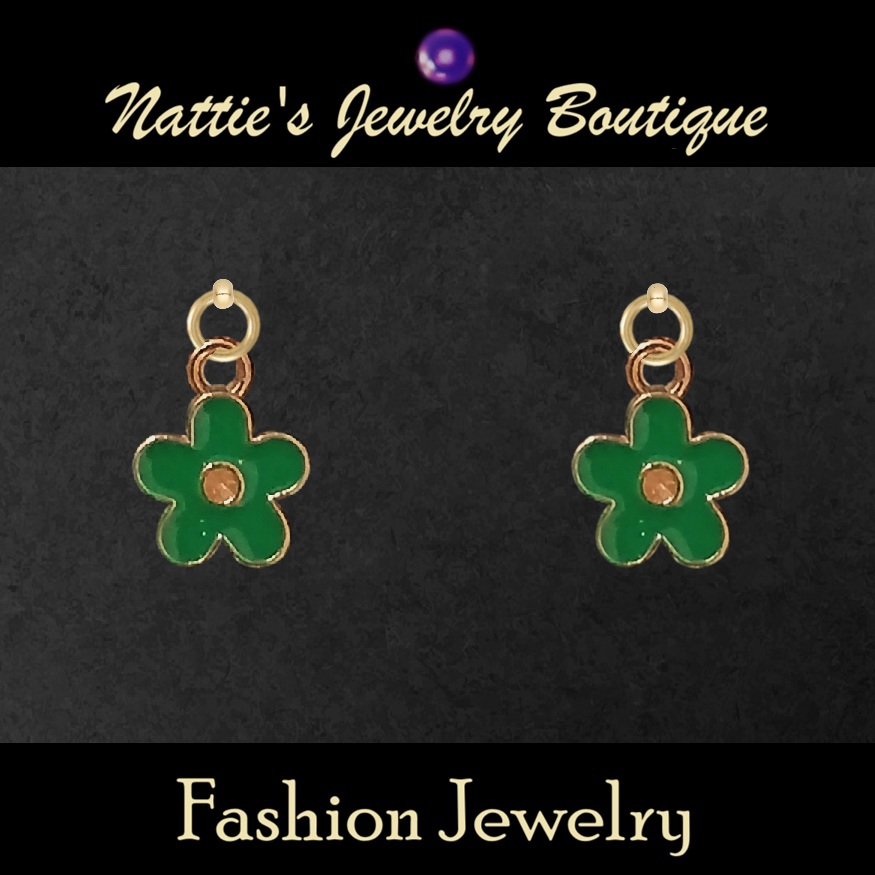 18" Doll Dark Green Cherry Blossom Flowers with Gold Trim Drop Earrings