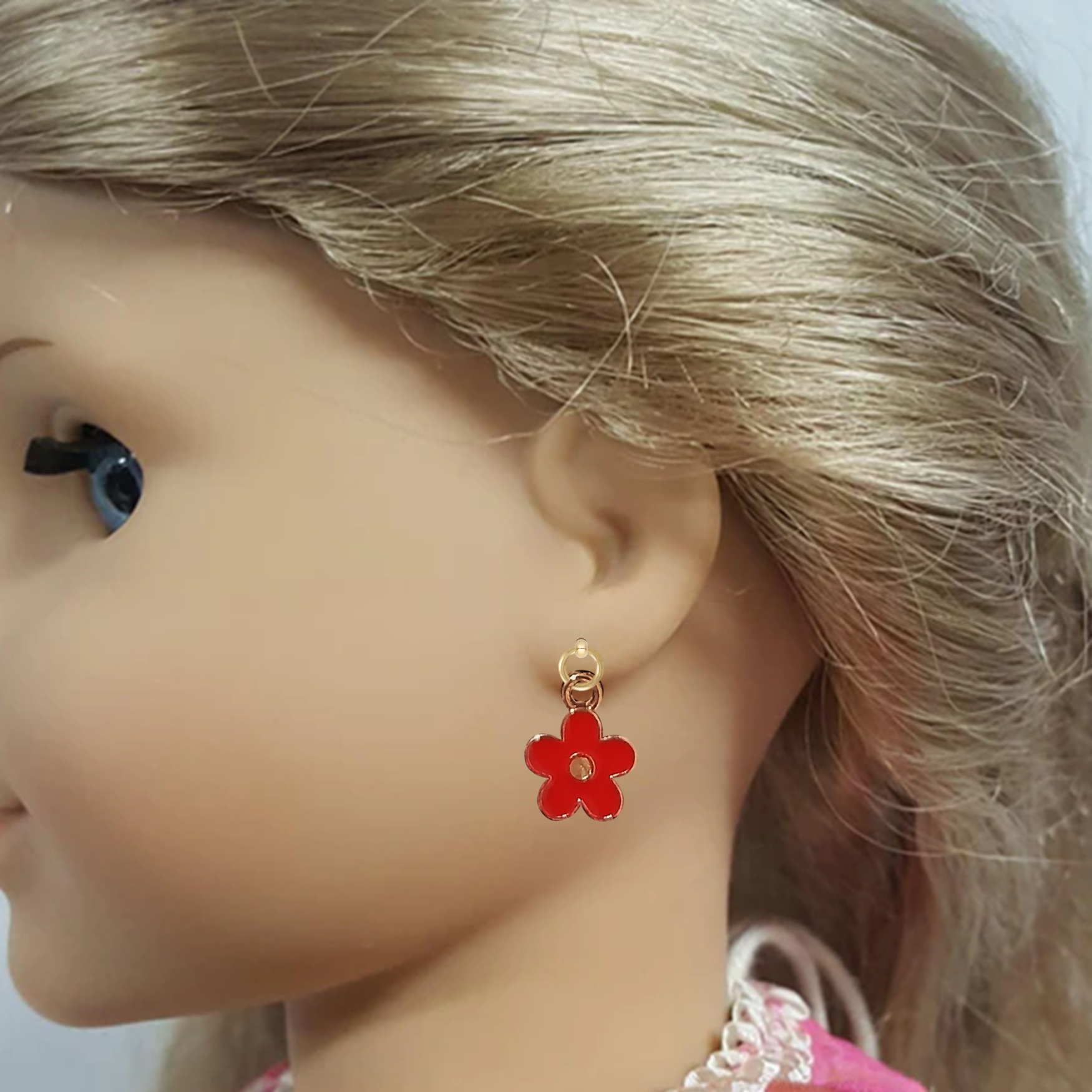 18" Doll Red Cherry Blossom Flowers with Gold Trim Drop Earrings
