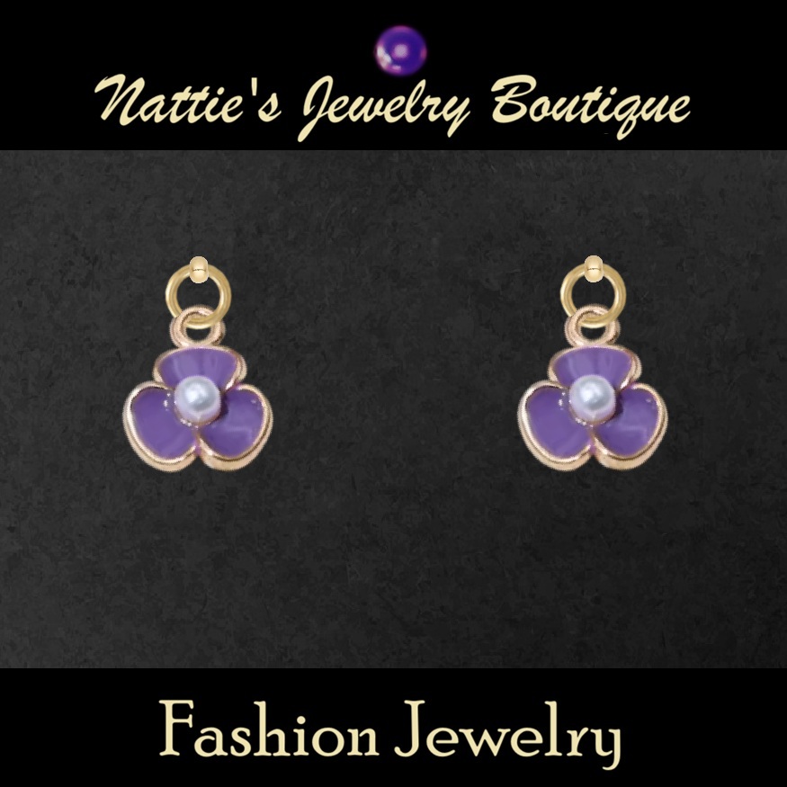 Dark Purple Violet Flowers with Gold Trim Drop Earrings