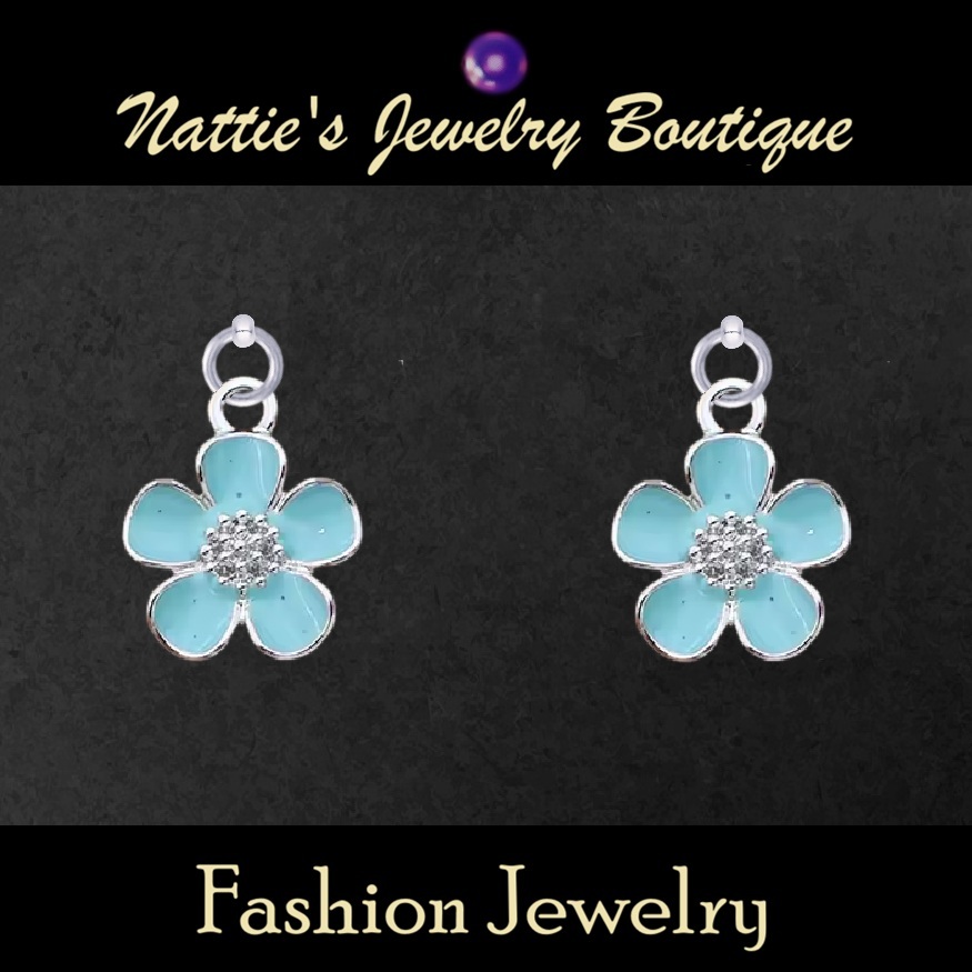 Baby Blue Geranium Flowers with Silver Trim Drop Earrings