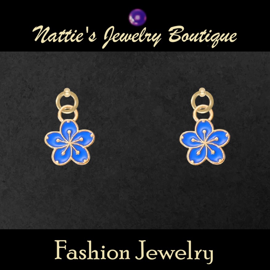 Royal Blue Sakura Flowers with Silver or Gold Trim Drop Earrings for 18 inch Dolls with 2MM Drilled Holes