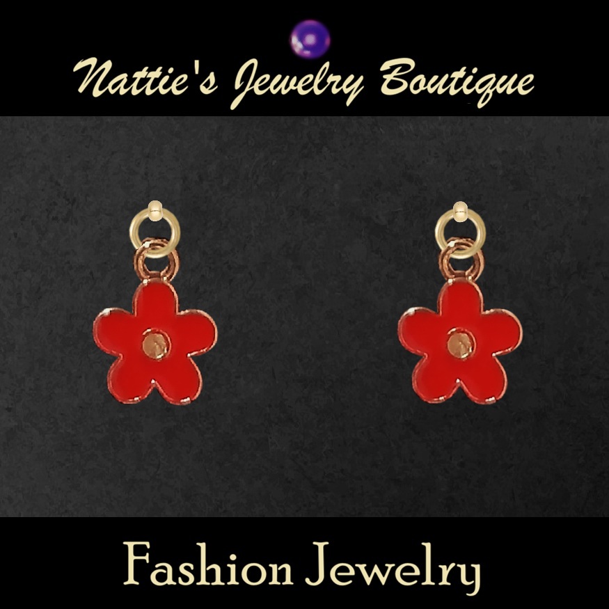 18" Doll Red Cherry Blossom Flowers with Gold Trim Drop Earrings
