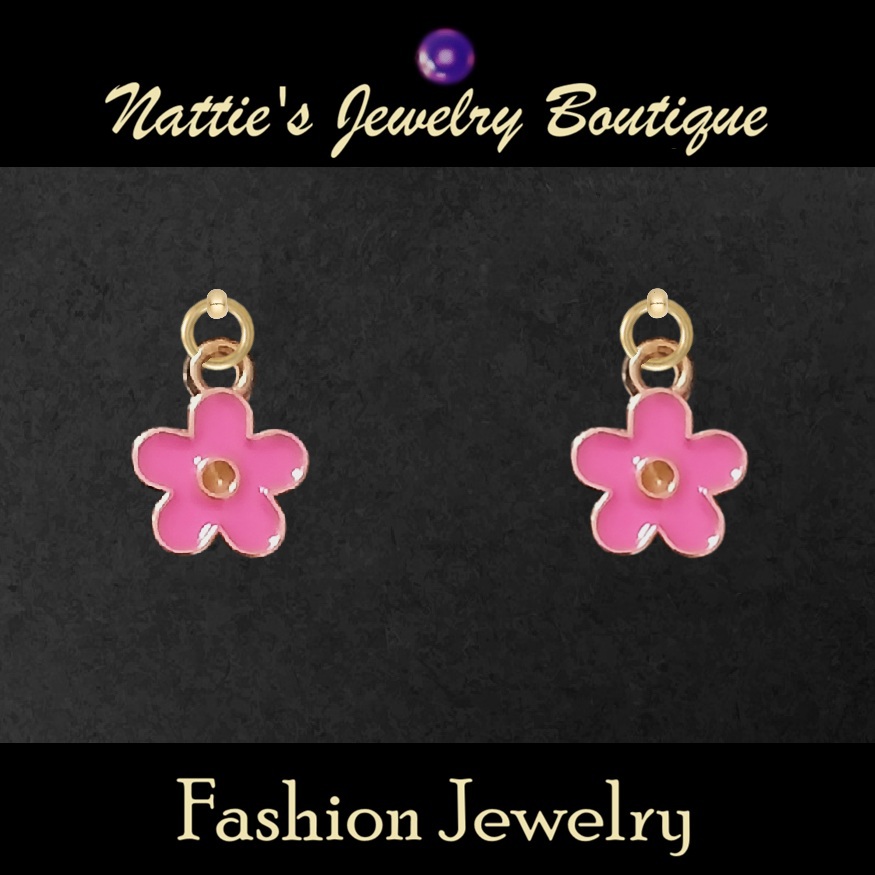 18" Doll Bright Pink Cherry Blossom Flowers with Gold Trim Drop Earrings