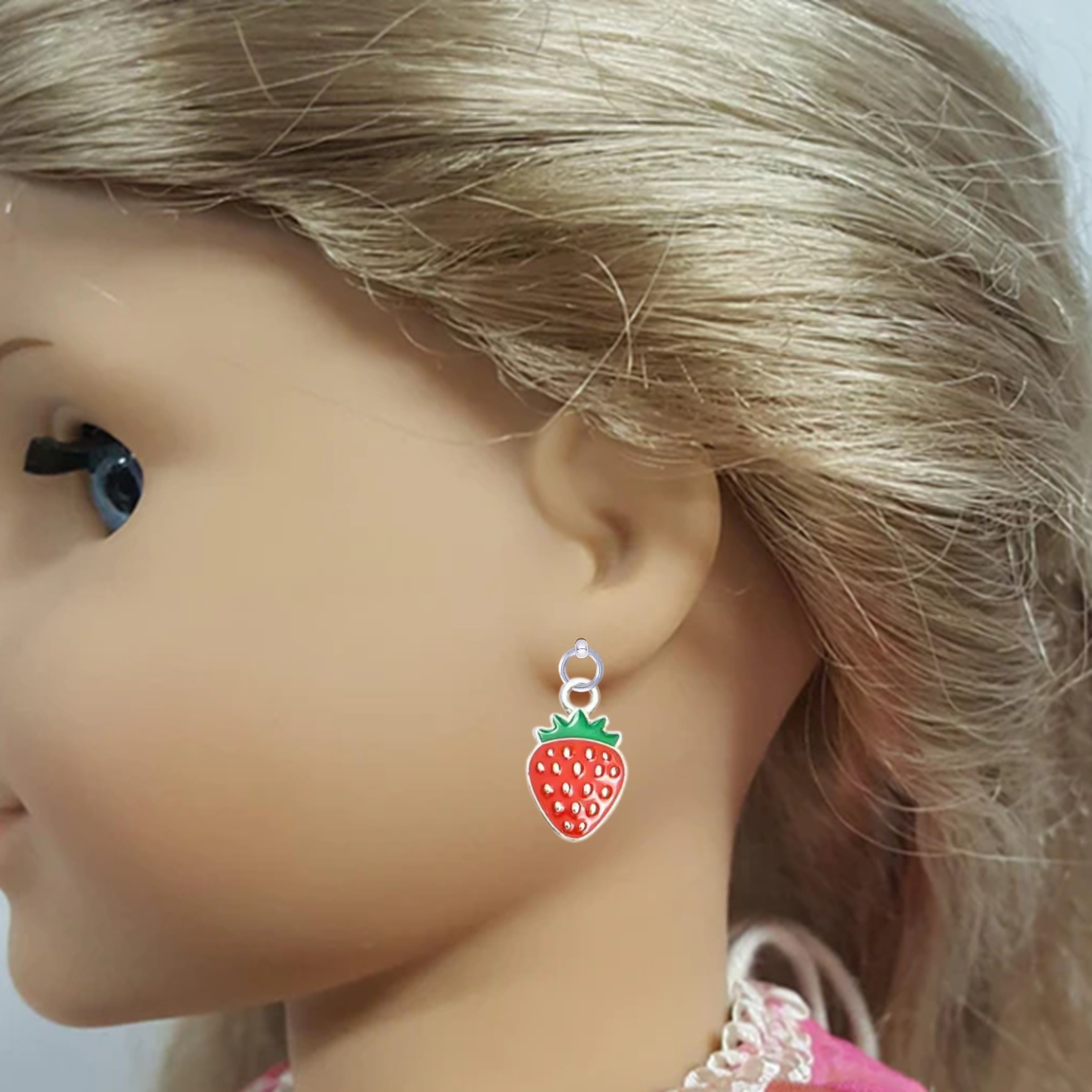 Red Strawberry with Silver Trim Drop Earrings for 18 inch Dolls with 2MM Drilled Holes