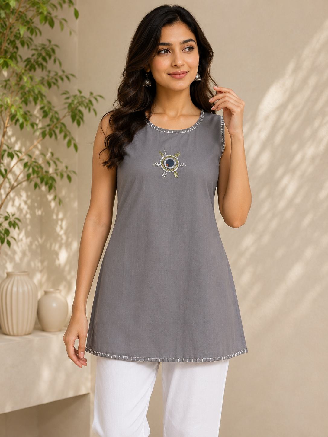 Slate Grey Sleeveless Cotton Short Kurti with Hand Embroidery