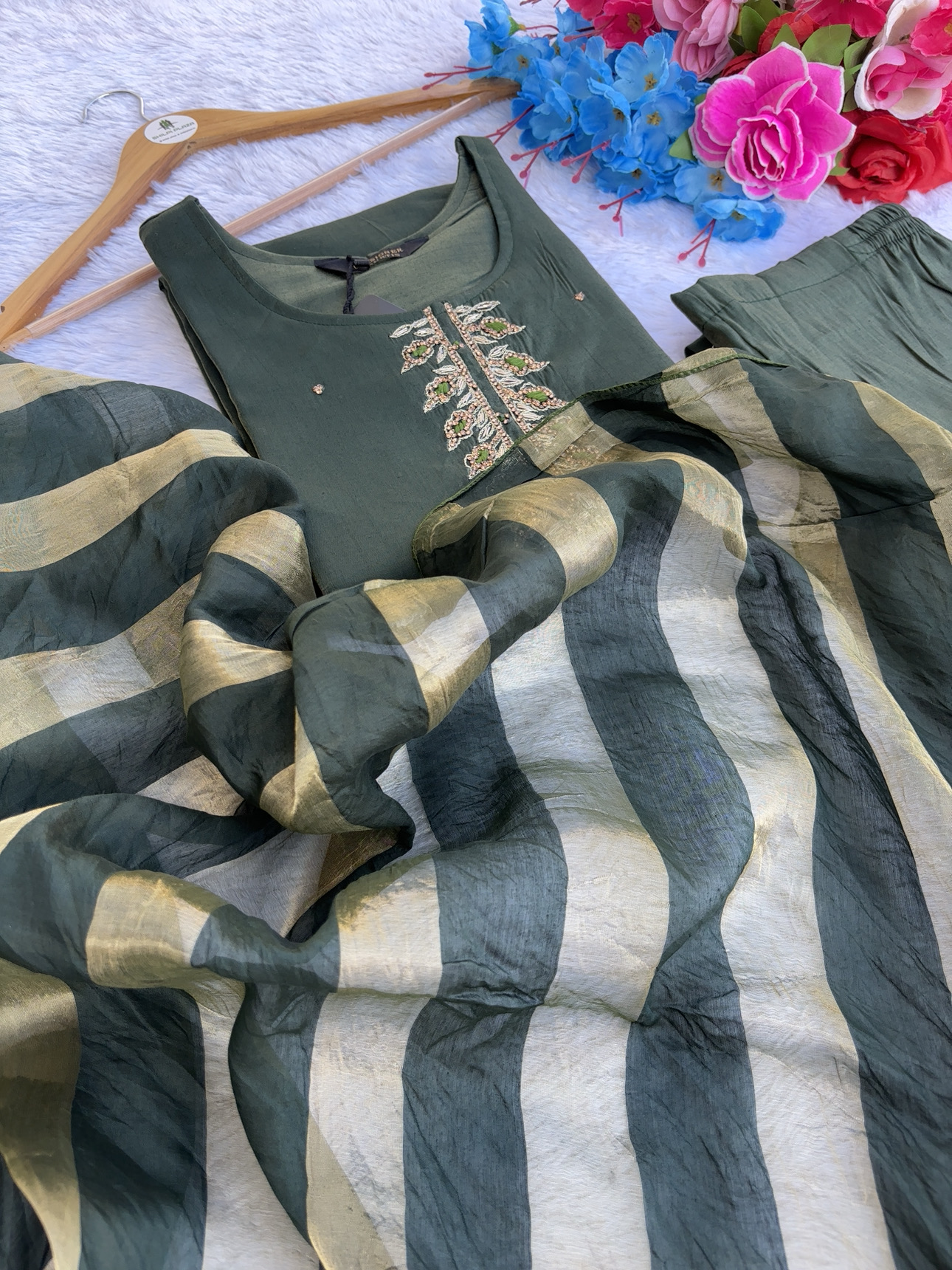 Green Embroidered Three-Piece Outfit