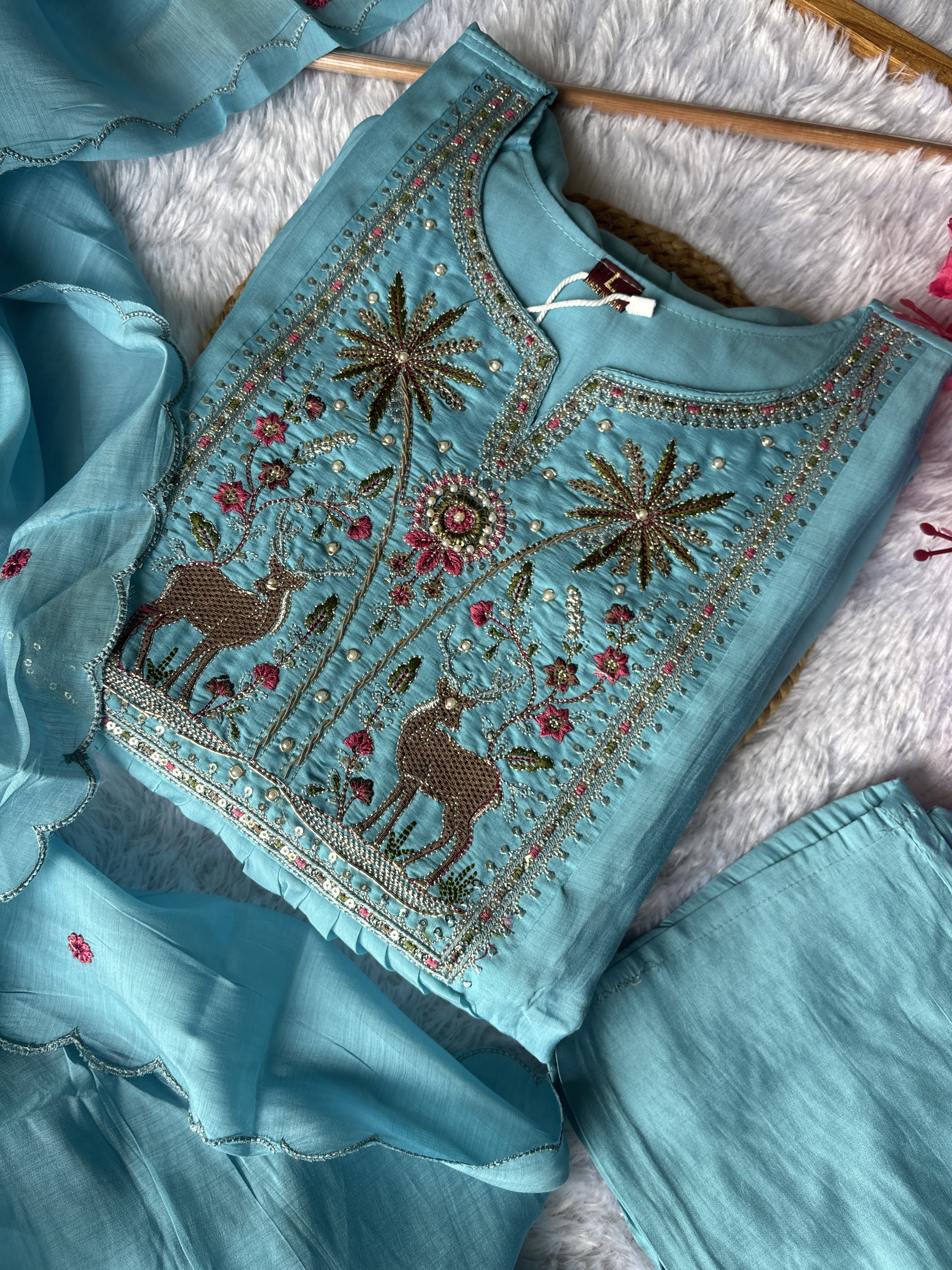 Mul Chanderi Embroidered Anarkali Light Blue Suit