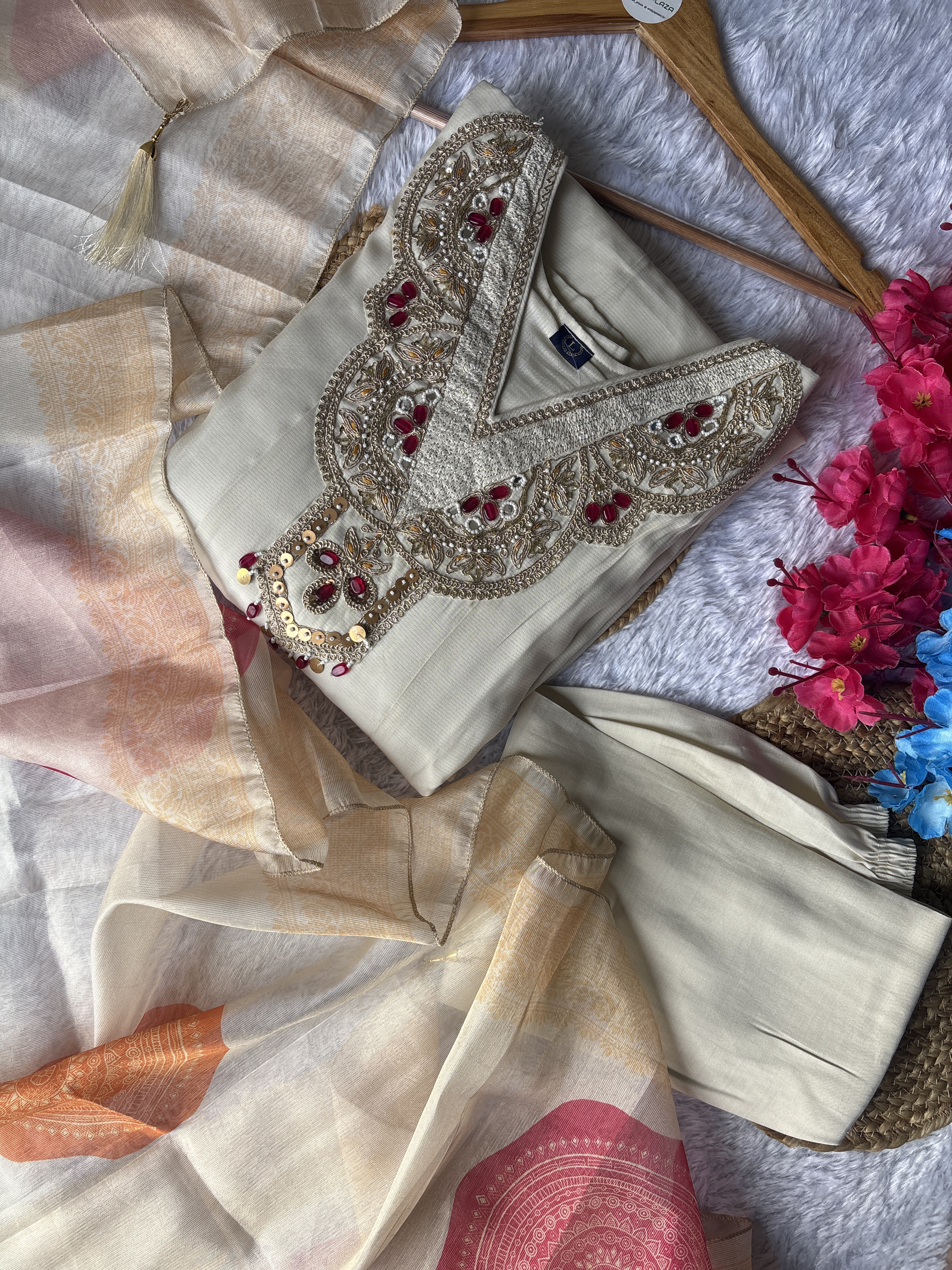 Elegant Embroidered beige Color Anarkali Kurti Set