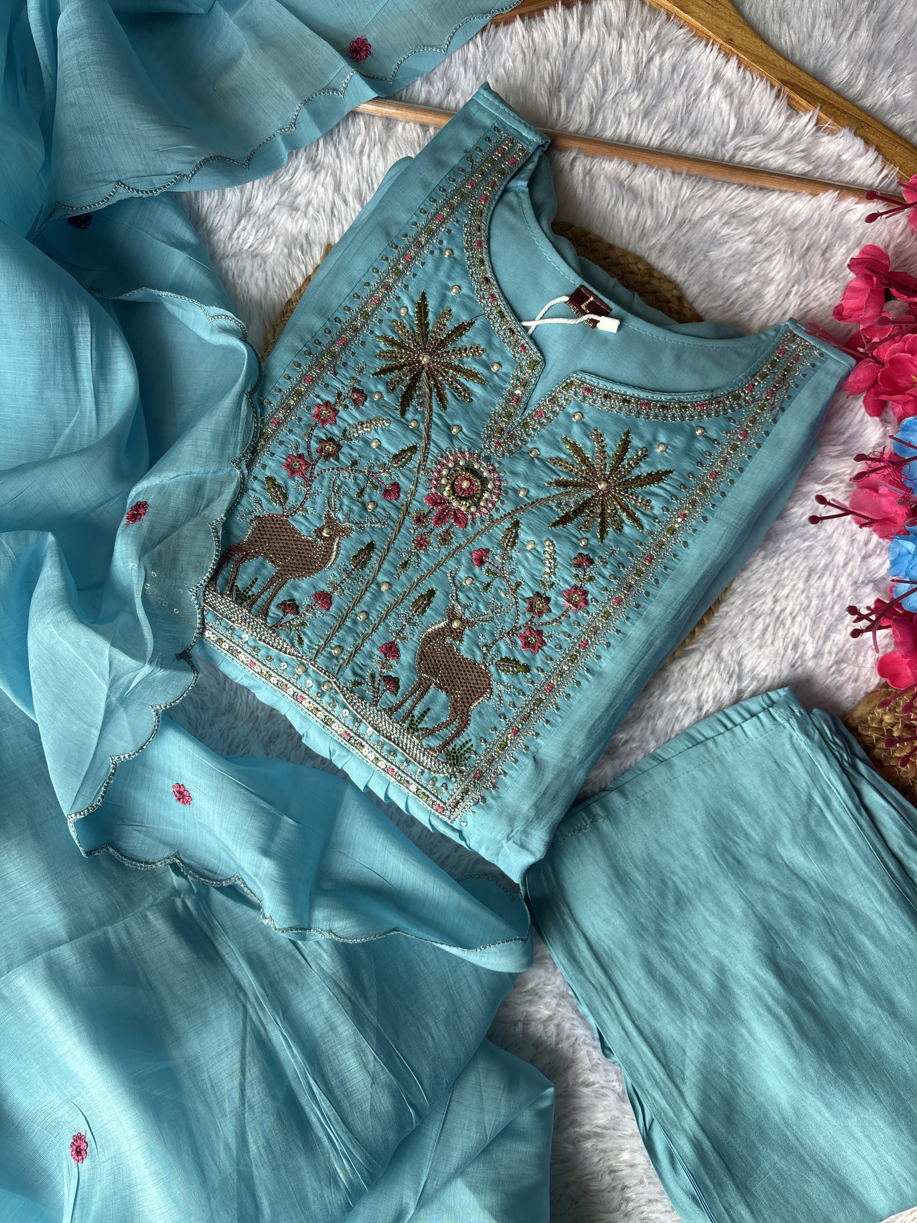 Mul Chanderi Embroidered Anarkali Light Blue Suit