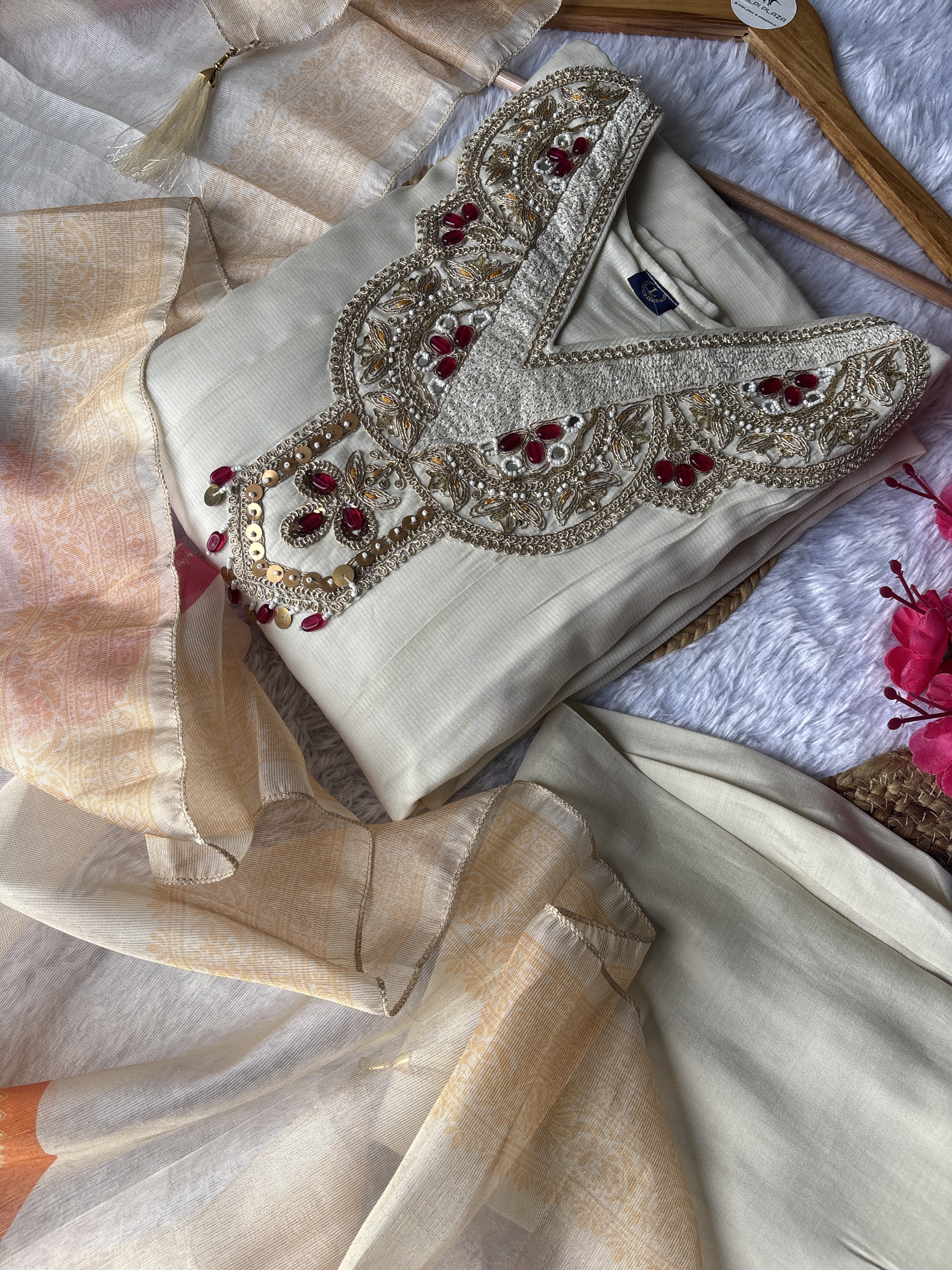 Elegant Embroidered beige Color Anarkali Kurti Set