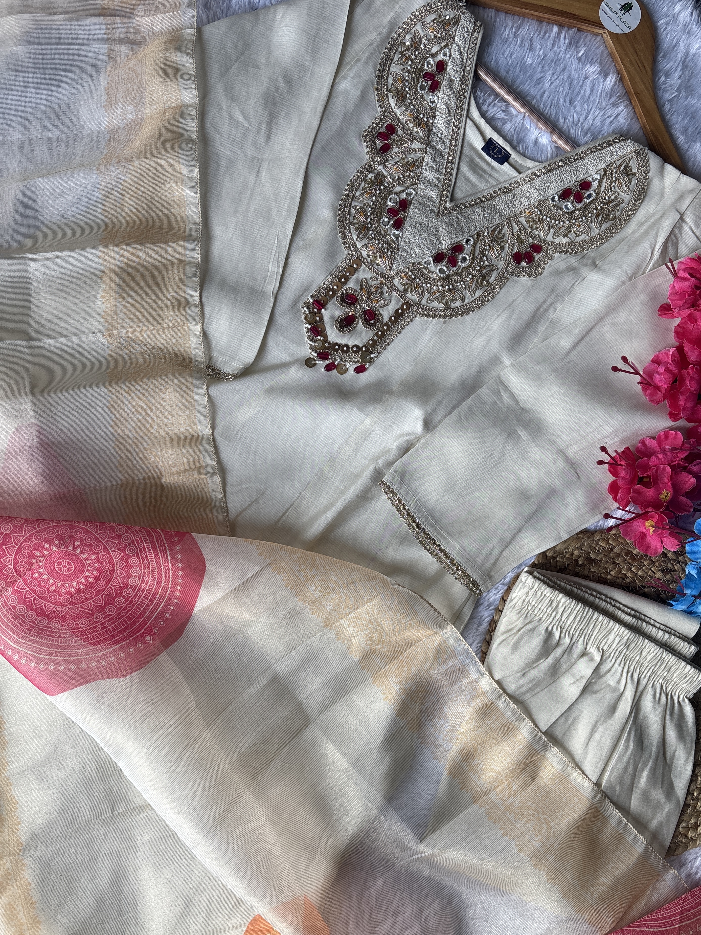 Elegant Embroidered beige Color Anarkali Kurti Set