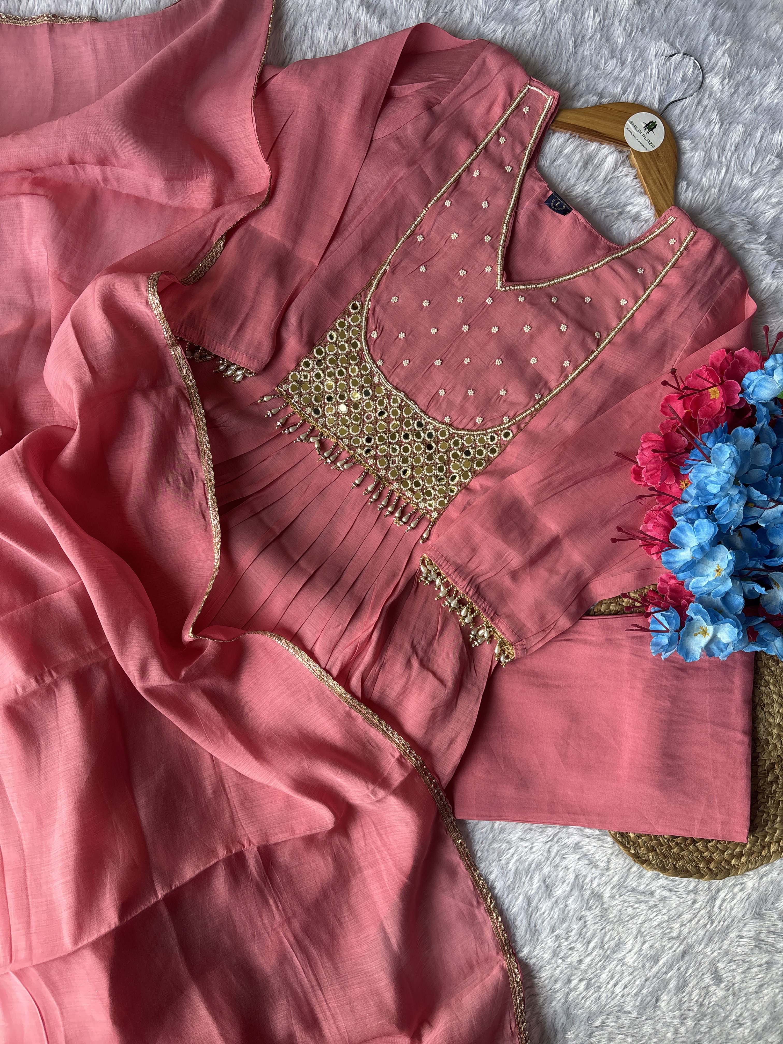 Mul Chanderi Anarkali Pink Color Suit