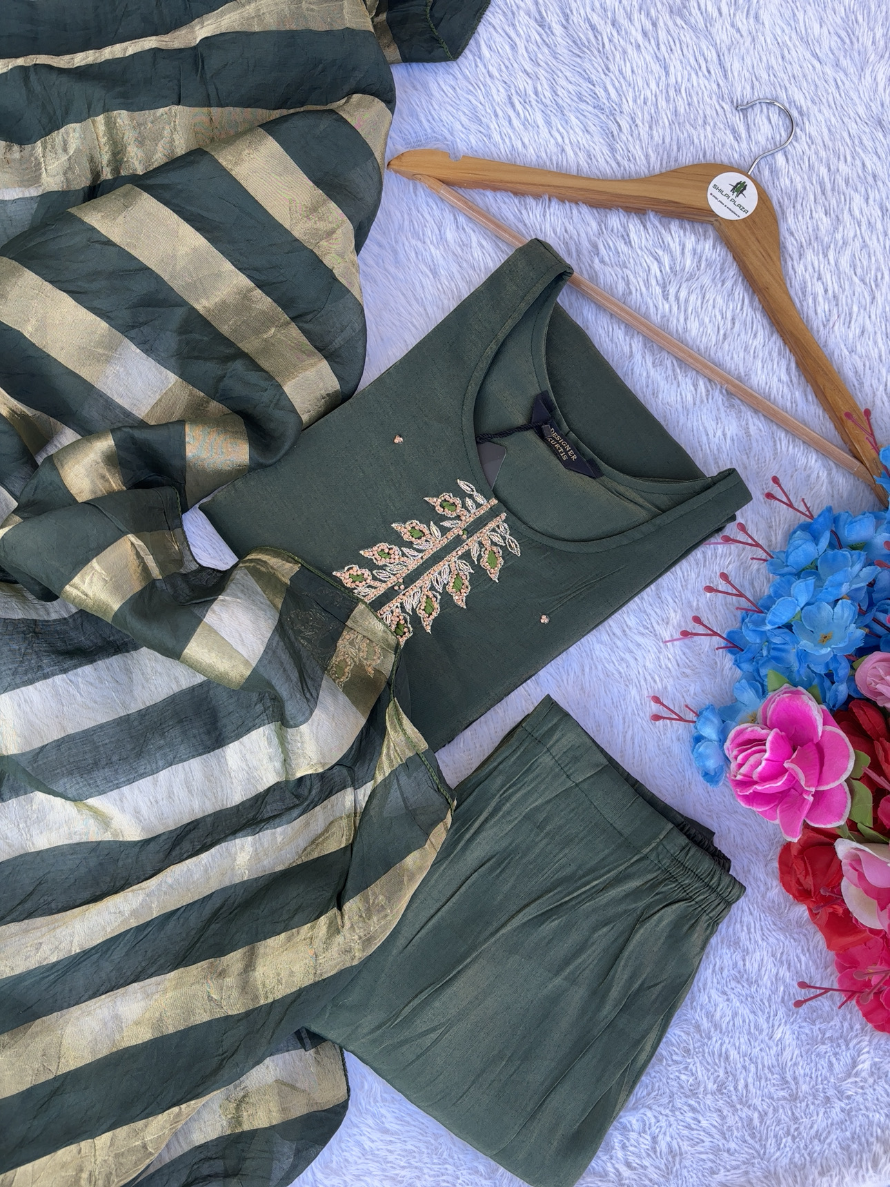 Green Embroidered Three-Piece Outfit