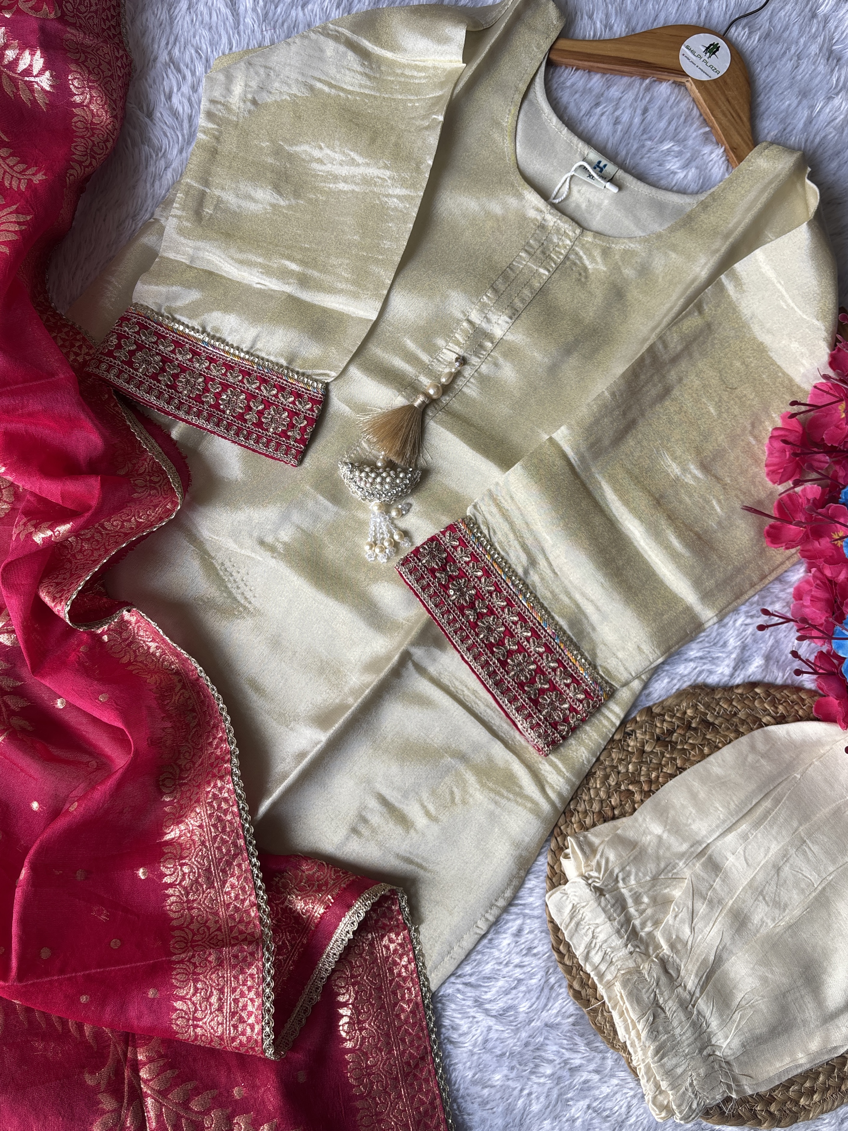 Elegant Beige Color Kurta Set With Big Mirror Border