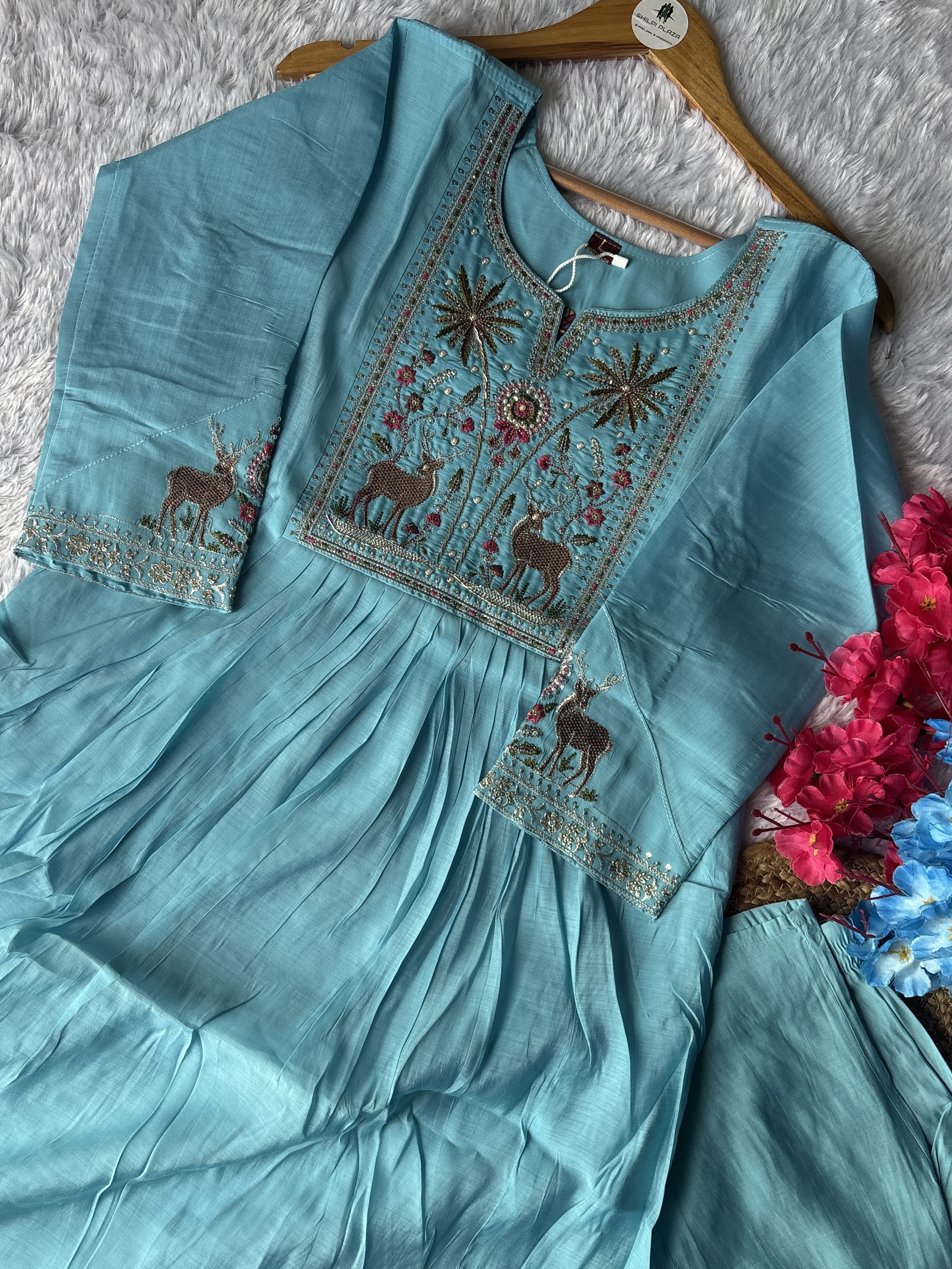 Mul Chanderi Embroidered Anarkali Light Blue Suit