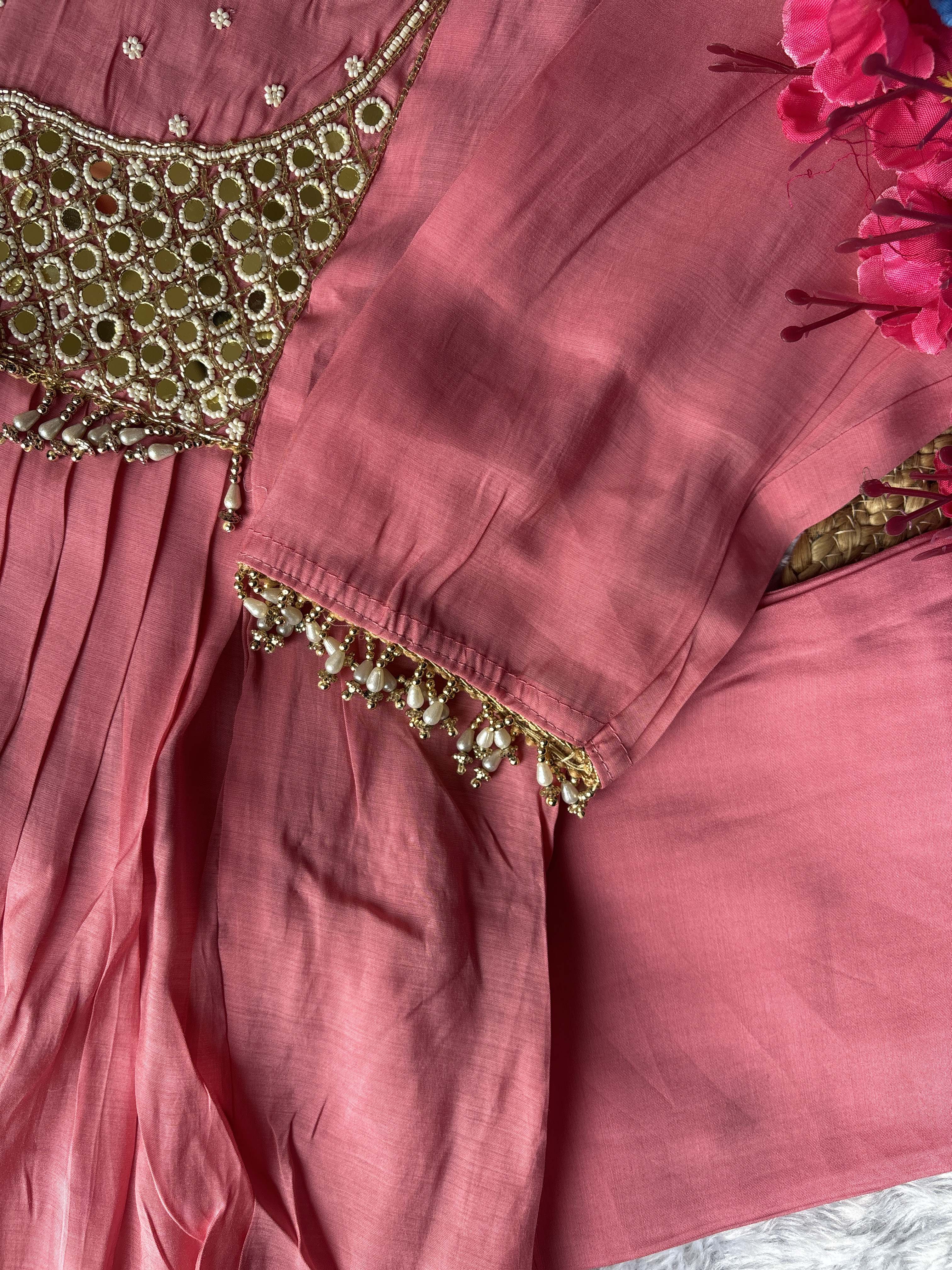 Mul Chanderi Anarkali Pink Color Suit
