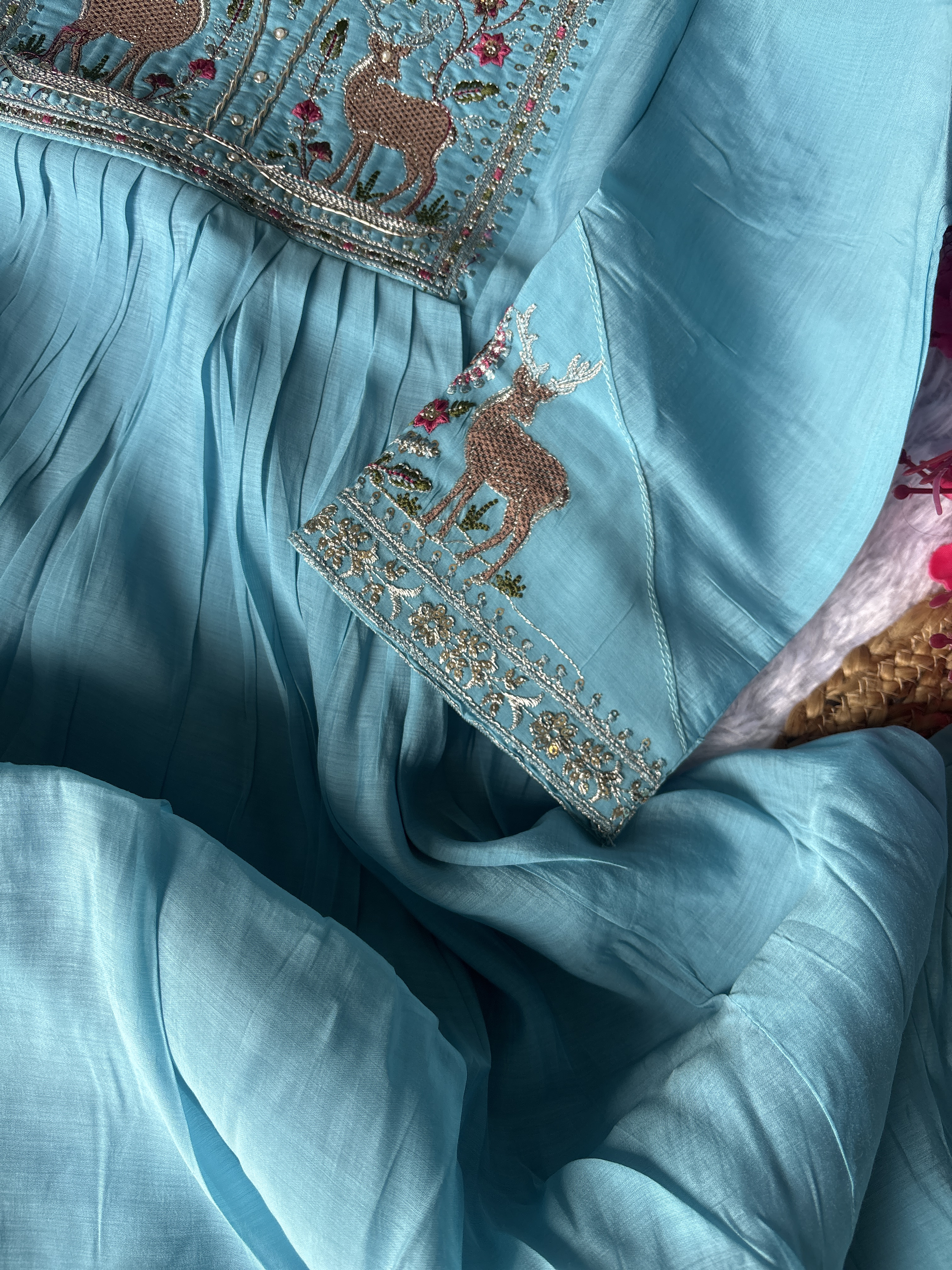 Mul Chanderi Embroidered Anarkali Light Blue Suit