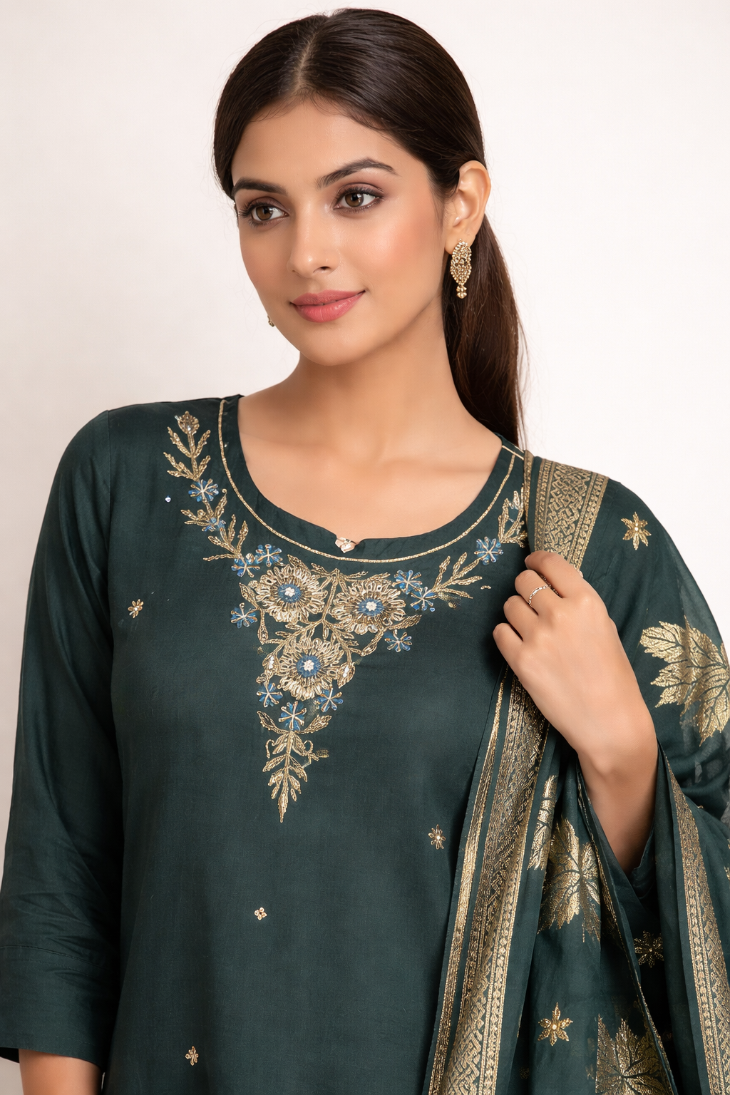 Embroidered Shimmerd Green Kurta Set