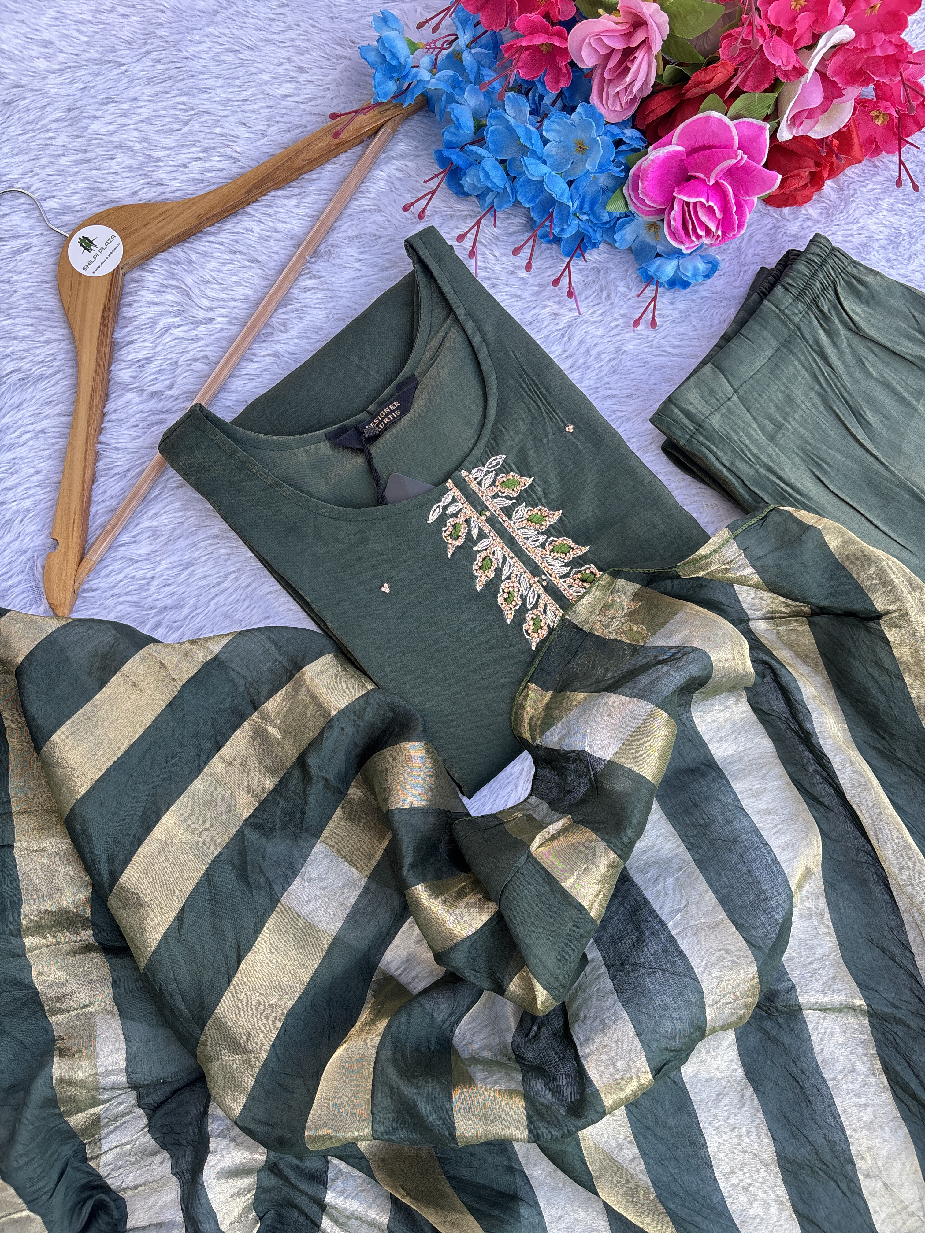 Green Embroidered Three-Piece Outfit