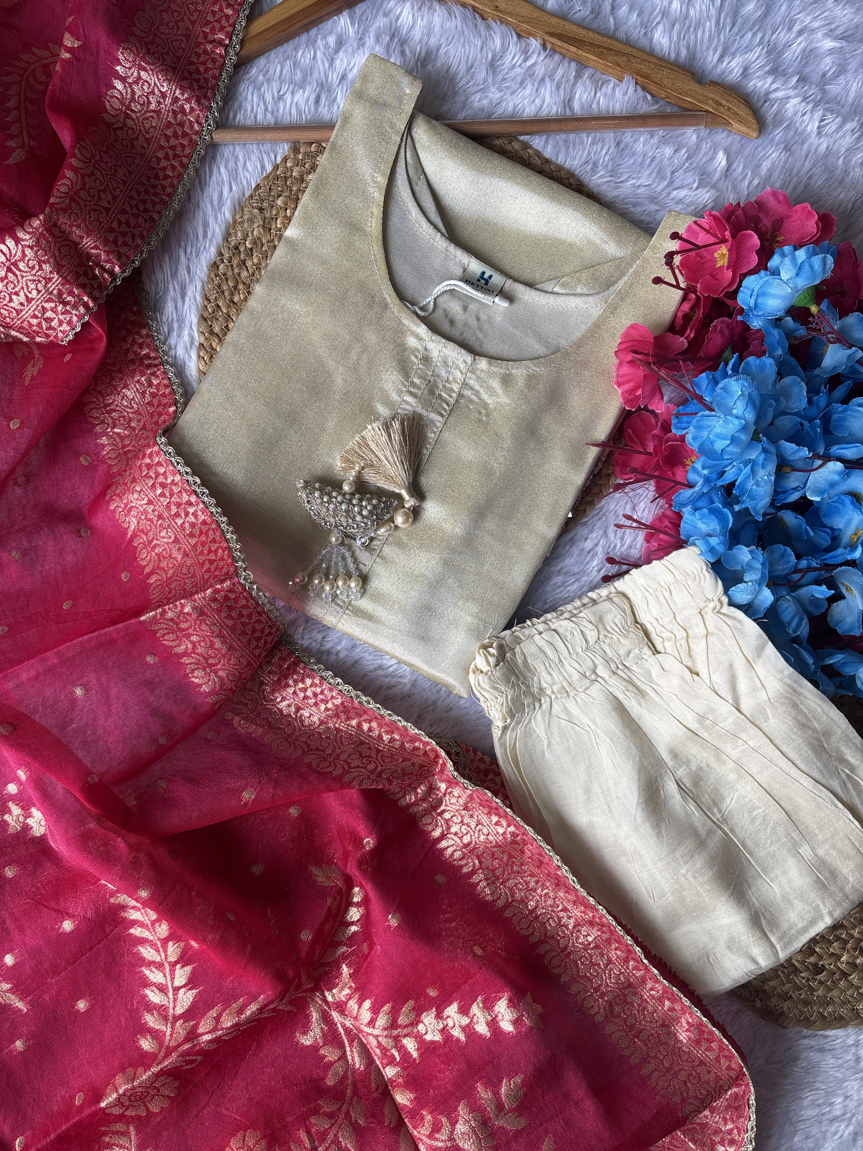 Elegant Beige Color Kurta Set With Big Mirror Border