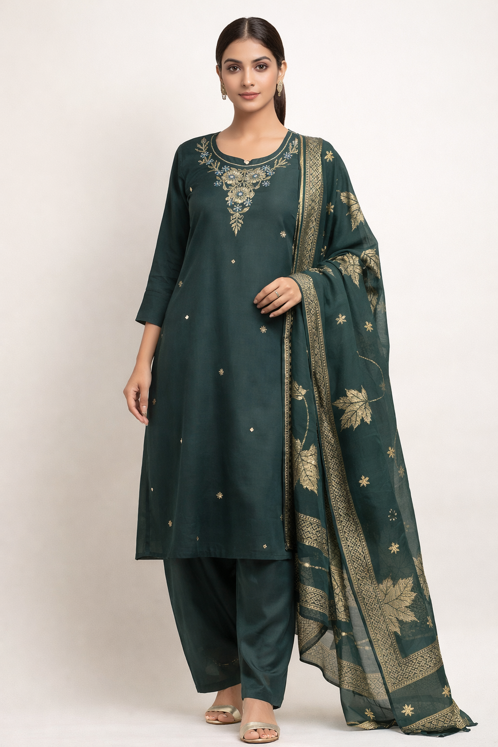 Embroidered Shimmerd Green Kurta Set