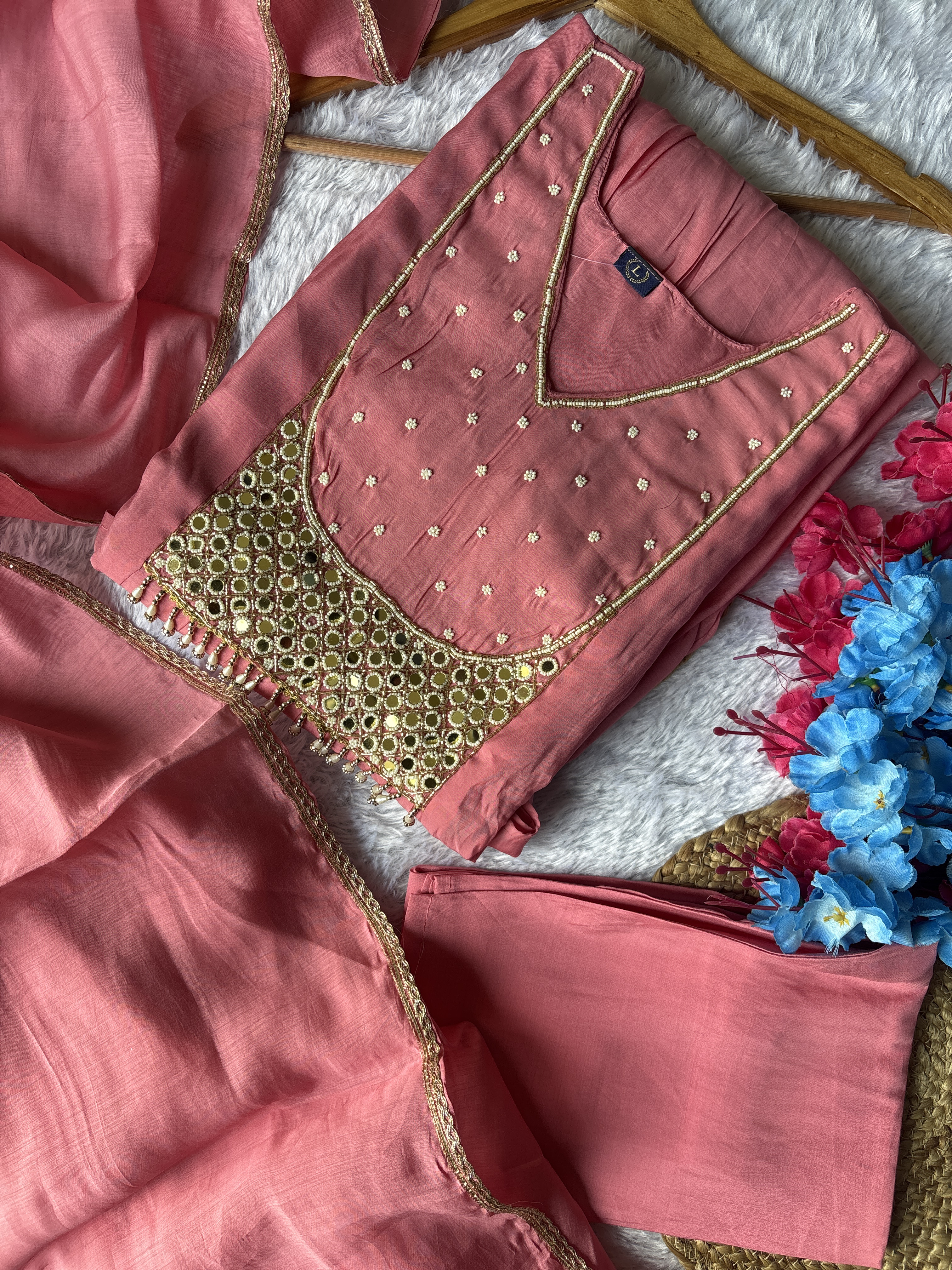 Mul Chanderi Anarkali Pink Color Suit