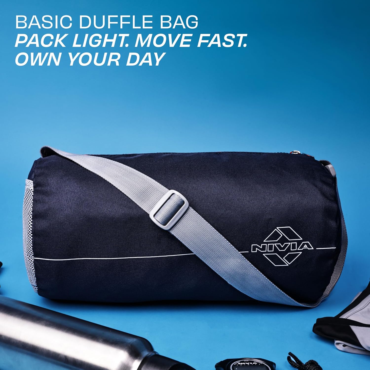 Nivia Navy Blue gym starter kit to Men/Women[Duffle Bag-11L||Crystal 2.0 Glove||Protein shaker Electra Sports||Breath up ankle socks||hand gripper 5-60kg|| skipping rope]6 products