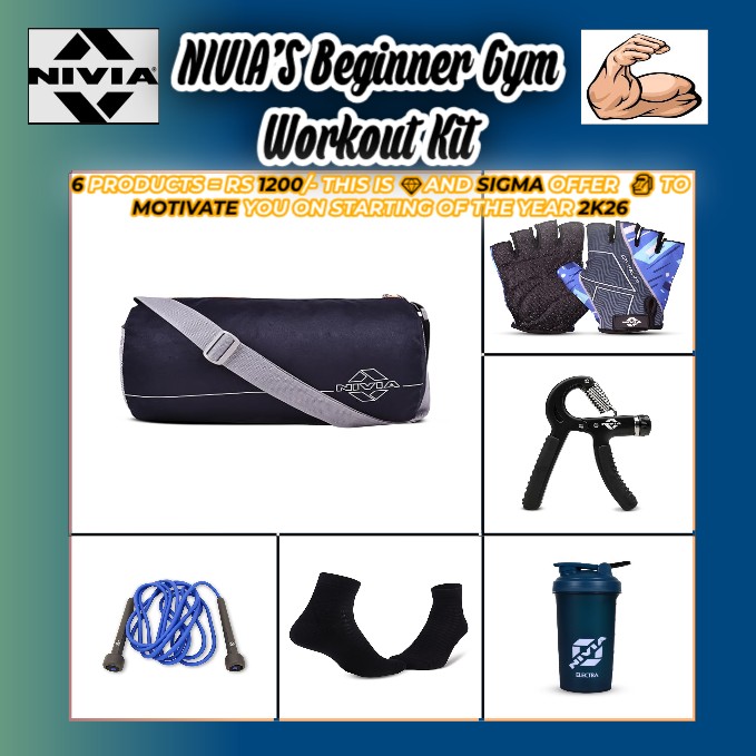 Nivia Navy Blue gym starter kit to Men/Women[Duffle Bag-11L||Crystal 2.0 Glove||Protein shaker Electra Sports||Breath up ankle socks||hand gripper 5-60kg|| skipping rope]6 products