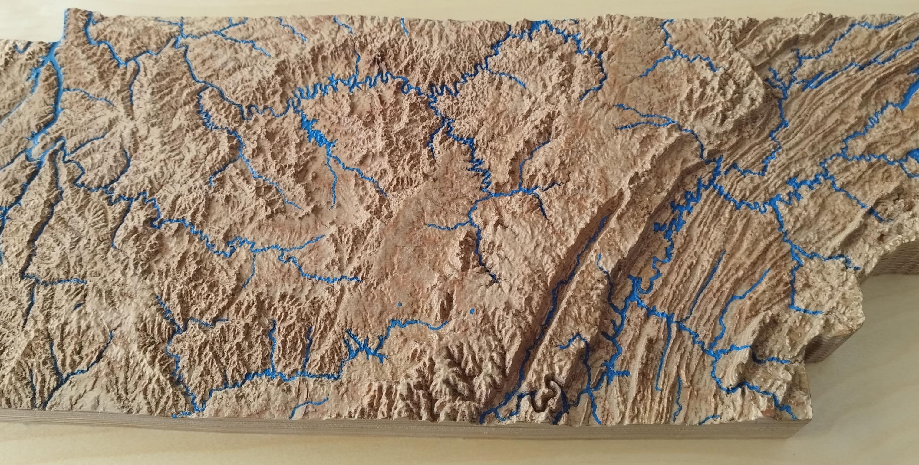 3D Raised Relief Map of Tennessee   35" × 11"