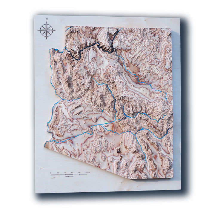 3D raised relief map of Arizona 20" by 18"