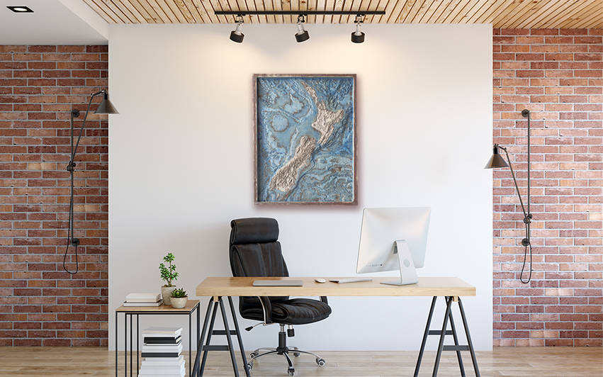 3D topo map of New Zealand 27" cy 20" (70 cm by 55 cm)