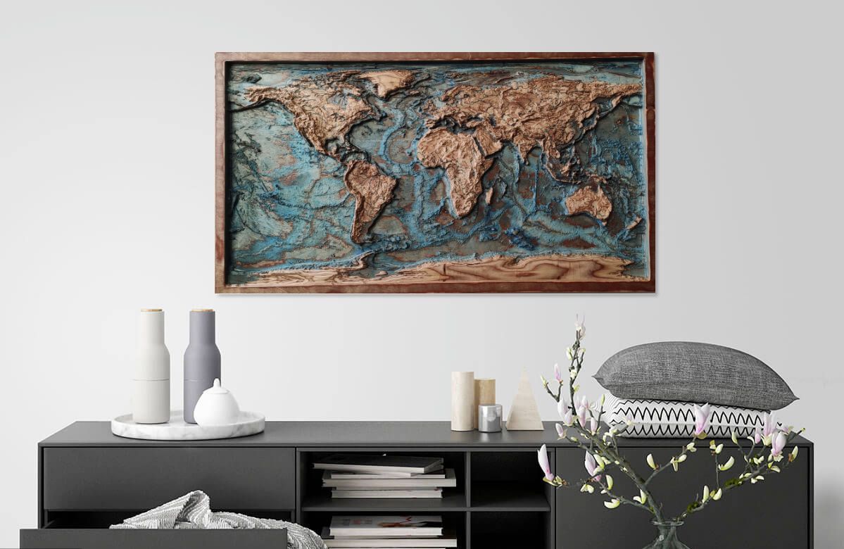 3D Wooden World Map 48" by 28" (122 cm by 70 cm)