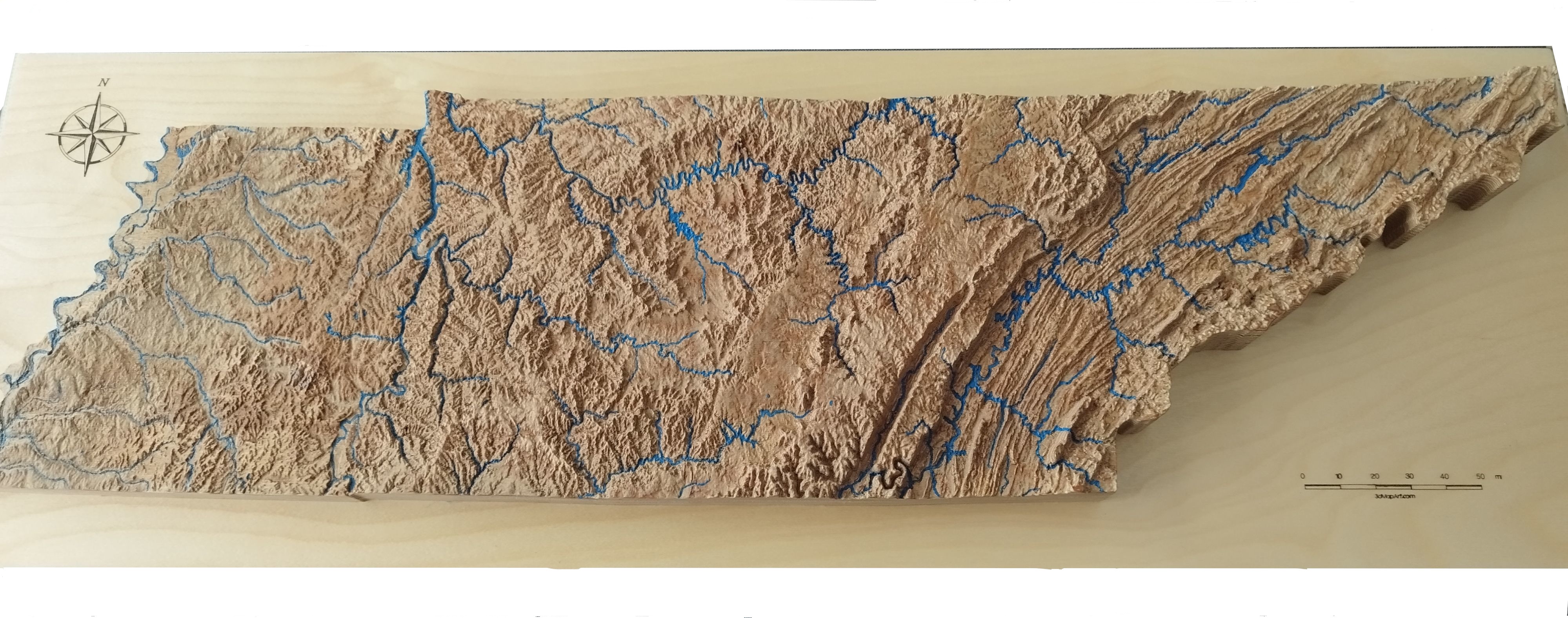 3D Raised Relief Map of Tennessee   35" × 11"