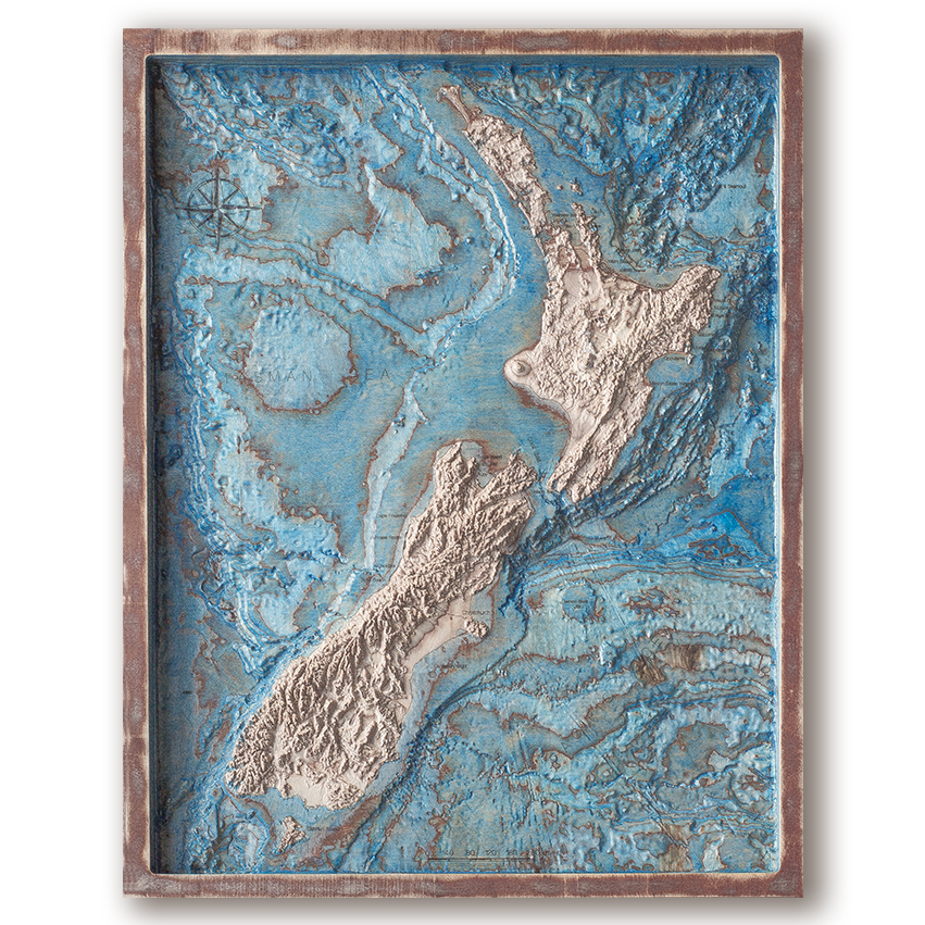 3D topo map of New Zealand 27" cy 20" (70 cm by 55 cm)