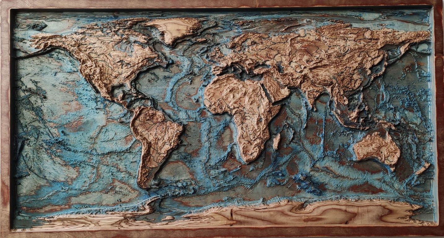 3D Wooden World Map 48" by 28" (122 cm by 70 cm)