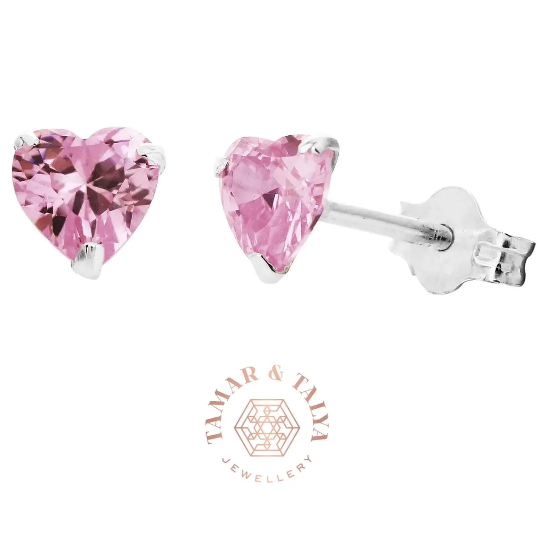 Pink CZ Heart Stud Earrings